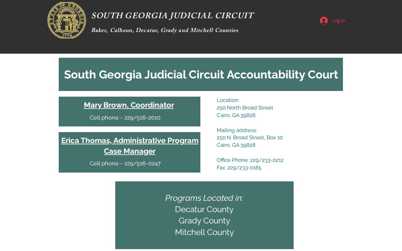 South Georgia Drug Court page with Grady County accountability court calendar links